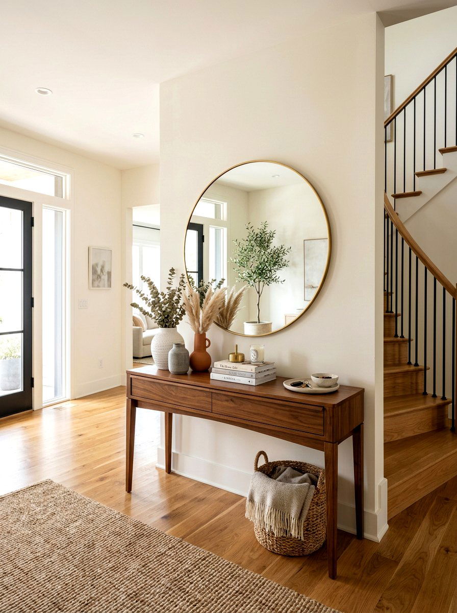 Large round mirror over console - 30 foyer console styling ideas