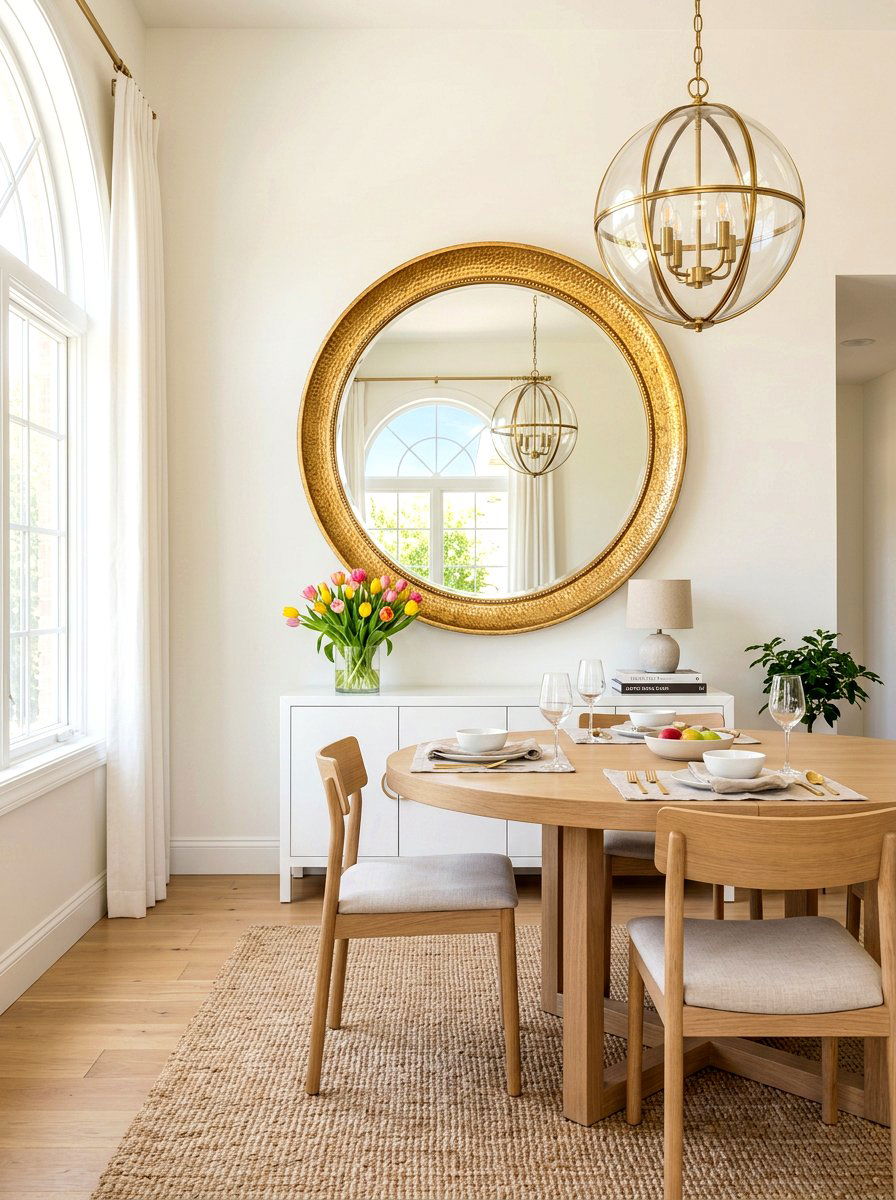 Large round mirror over dining room sideboard - 30 dining room sideboard styling ideas