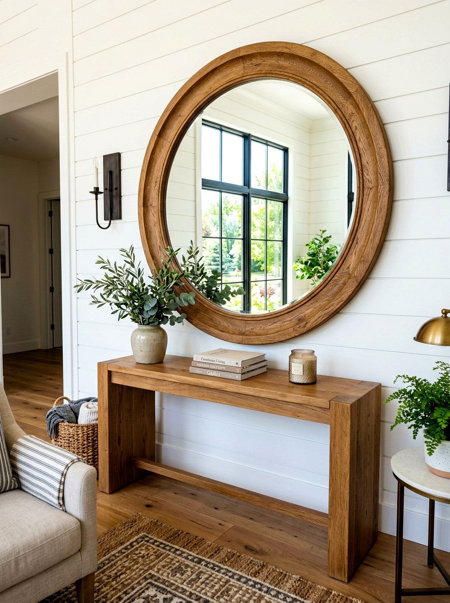 Large round wooden mirror - 30 earthy entryway ideas