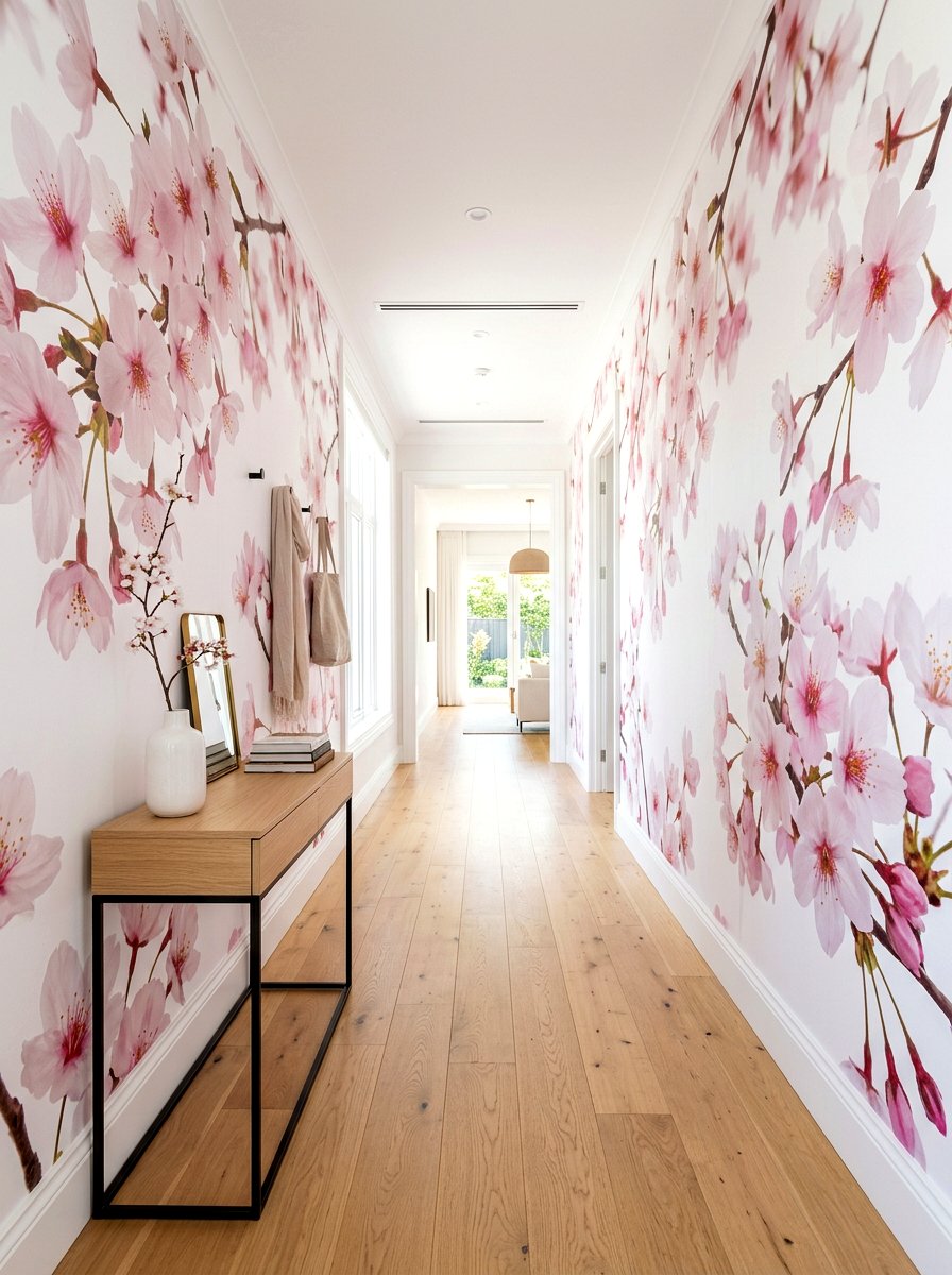 Large scale blossom hallway - 30 garden print wallpaper ideas