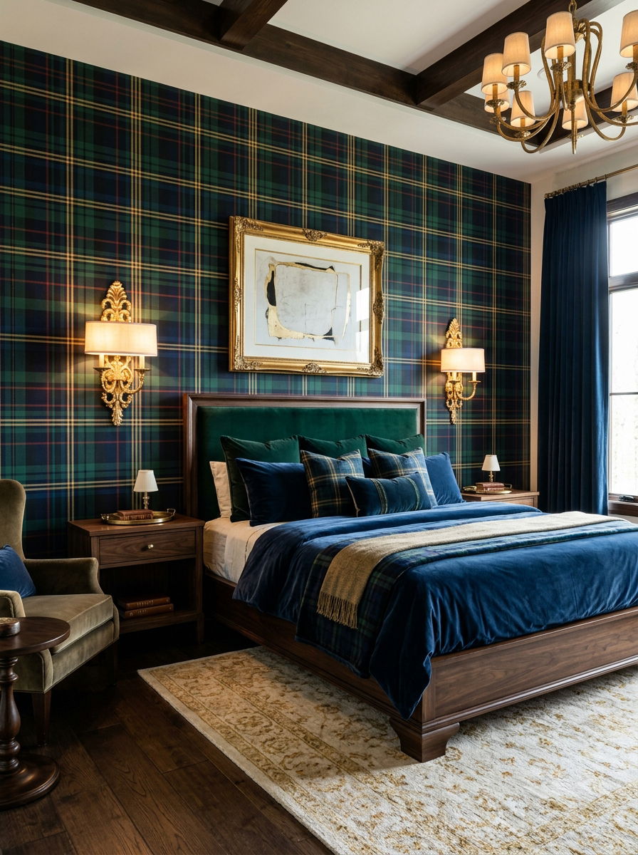 Large scale plaid wallpaper - 30 plaid bedroom ideas