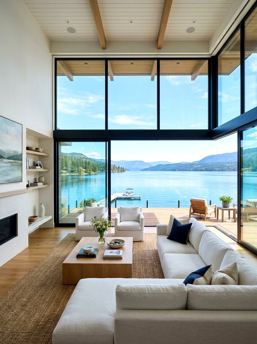 Large window lake house - 30 lake house living room ideas