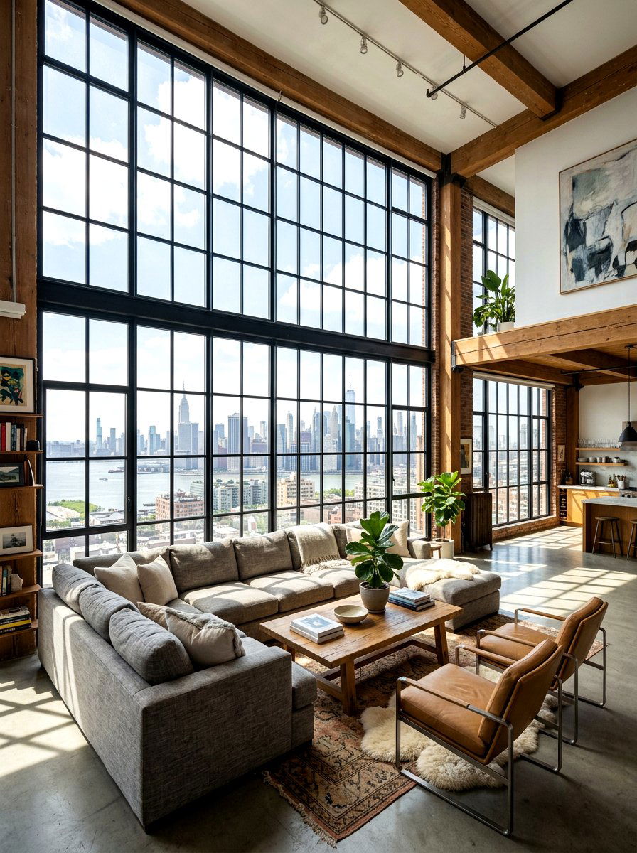 Large window loft interior - 30 loft living room ideas