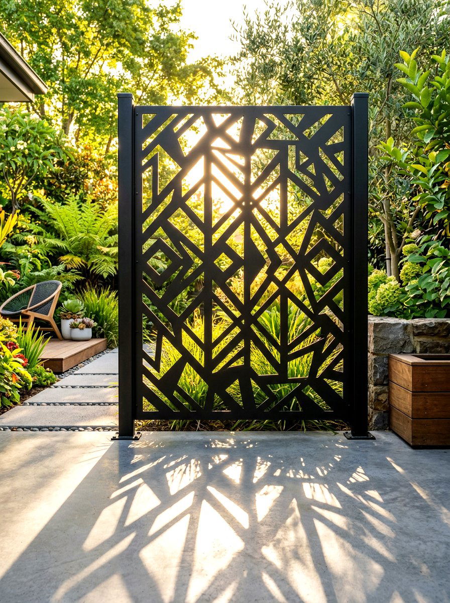 Laser cut metal panel - 30 outdoor shower privacy ideas