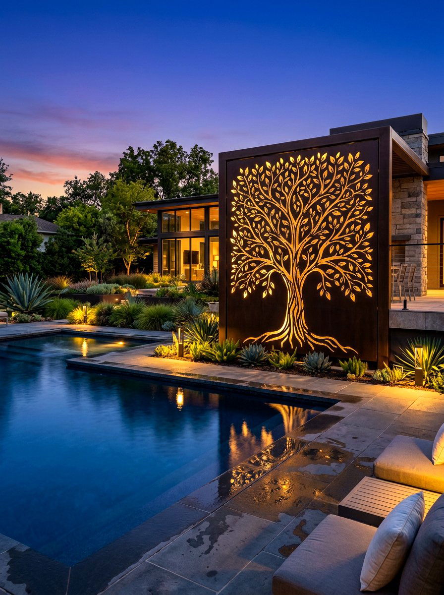 Laser cut metal screen - 30 pool equipment enclosure ideas