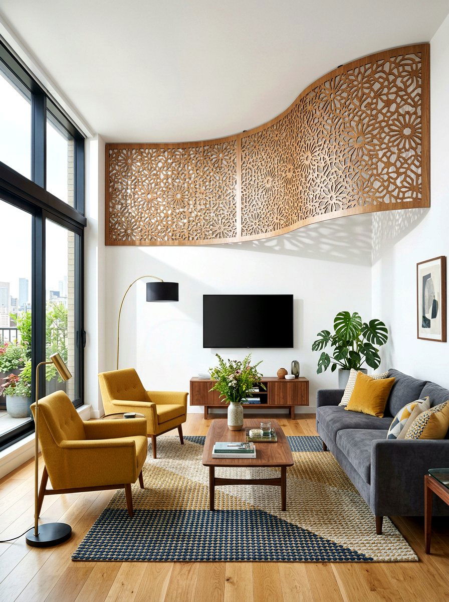 Laser cut wood curved panel - 30 curved partition wall ideas