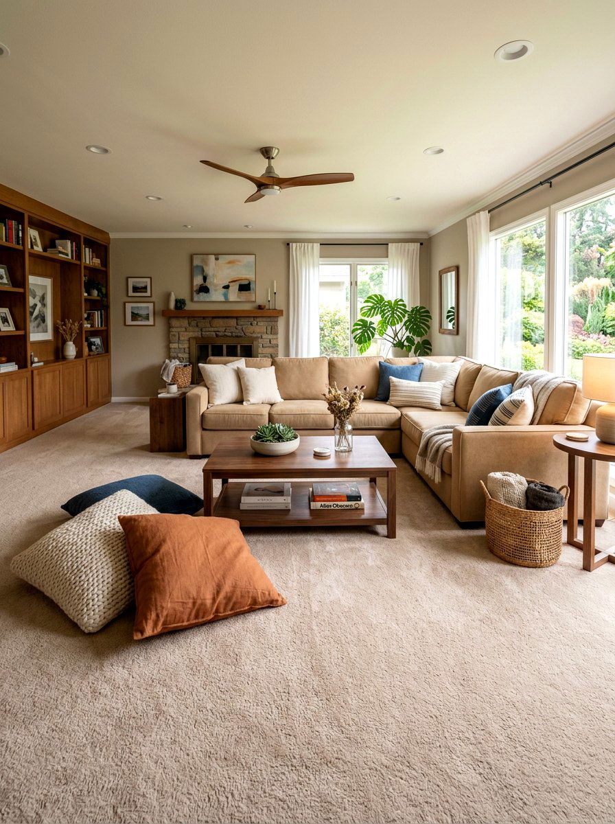 Latte colored carpet - 30 tonal brown living room ideas