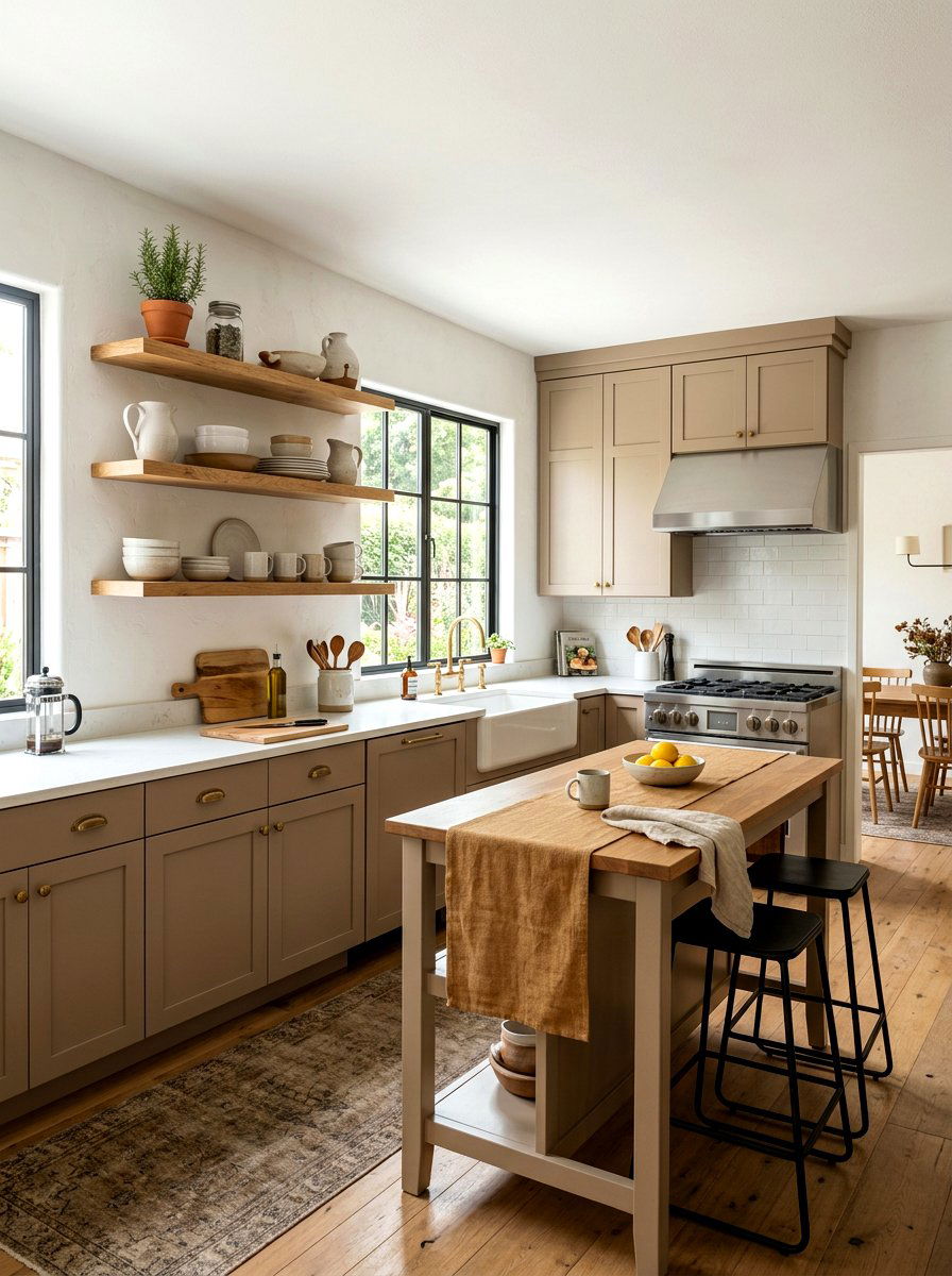 Latte kitchen open shelving - 30 latte color kitchen ideas