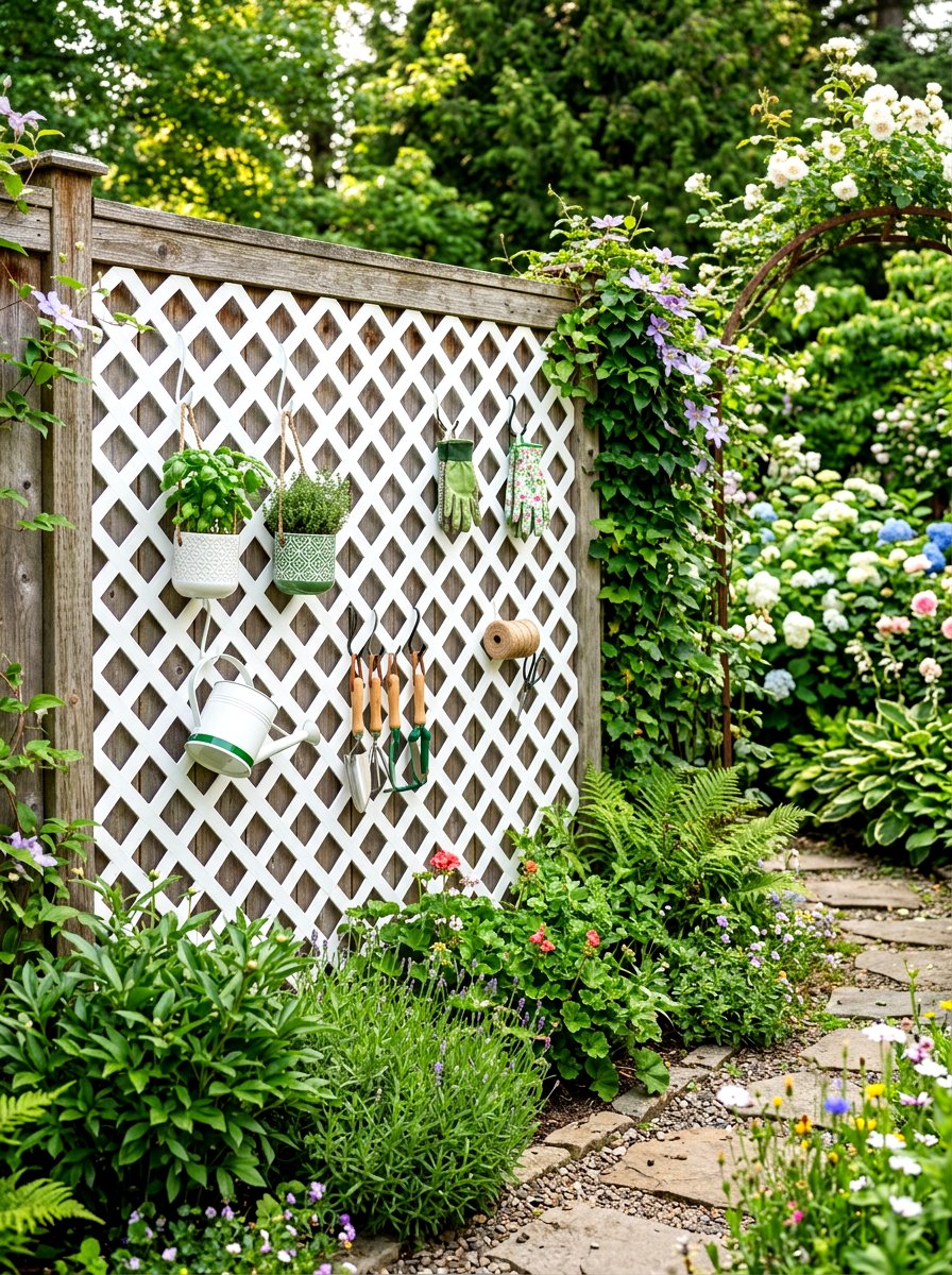 Lattice Wall Grid - 30 garden tool organizer ideas