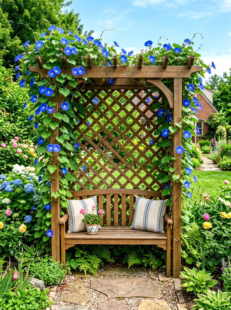 Lattice back arbor bench - 30 garden arbor seating ideas
