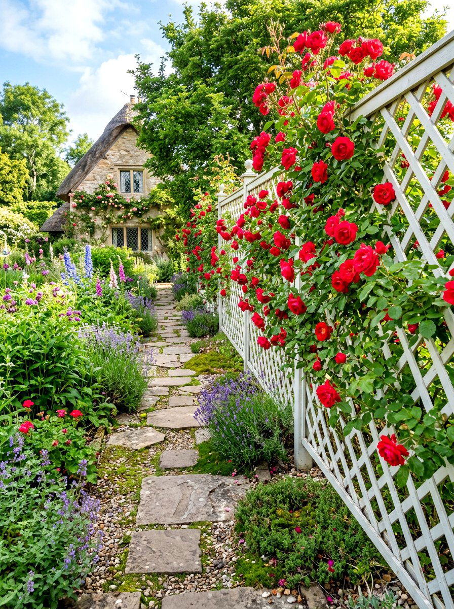 Lattice fence rose path - 30 rose garden walkway ideas