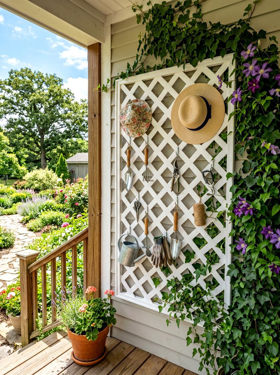 Lattice garden tool hanger - 30 garden tool wall ideas