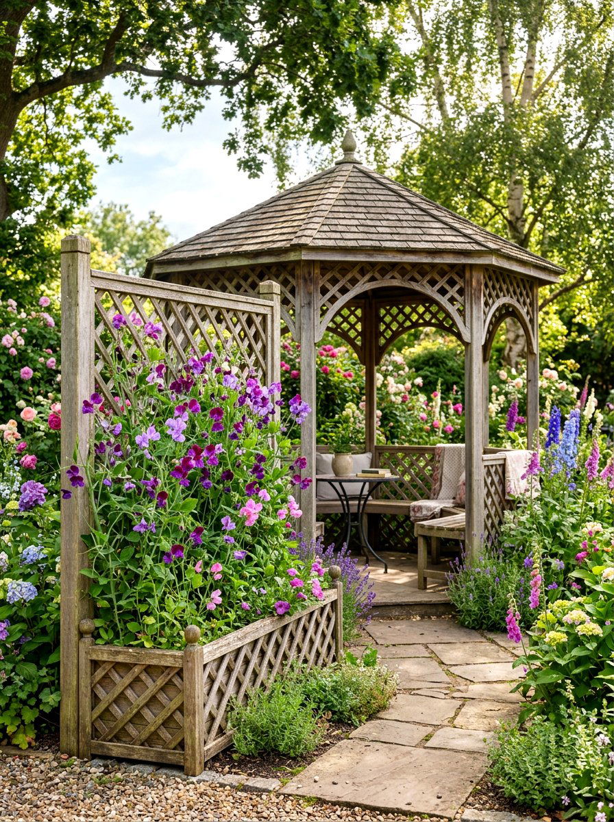 Lattice gazebo side planters - 30 gazebo planter ideas