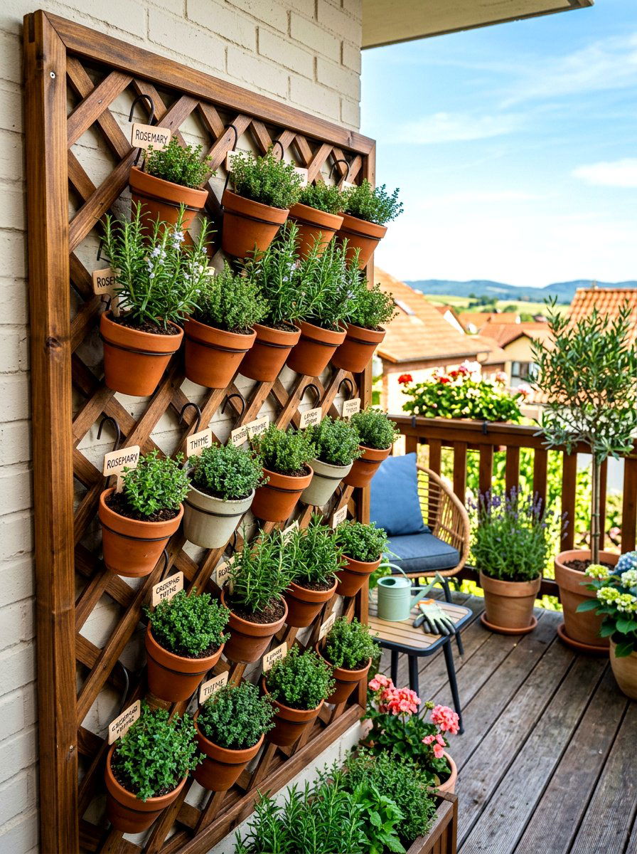 Lattice herb wall - 30 hanging container garden ideas