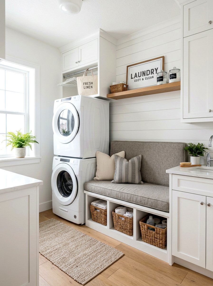 Laundry Room Bench Seating - 30 stacked washer dryer ideas