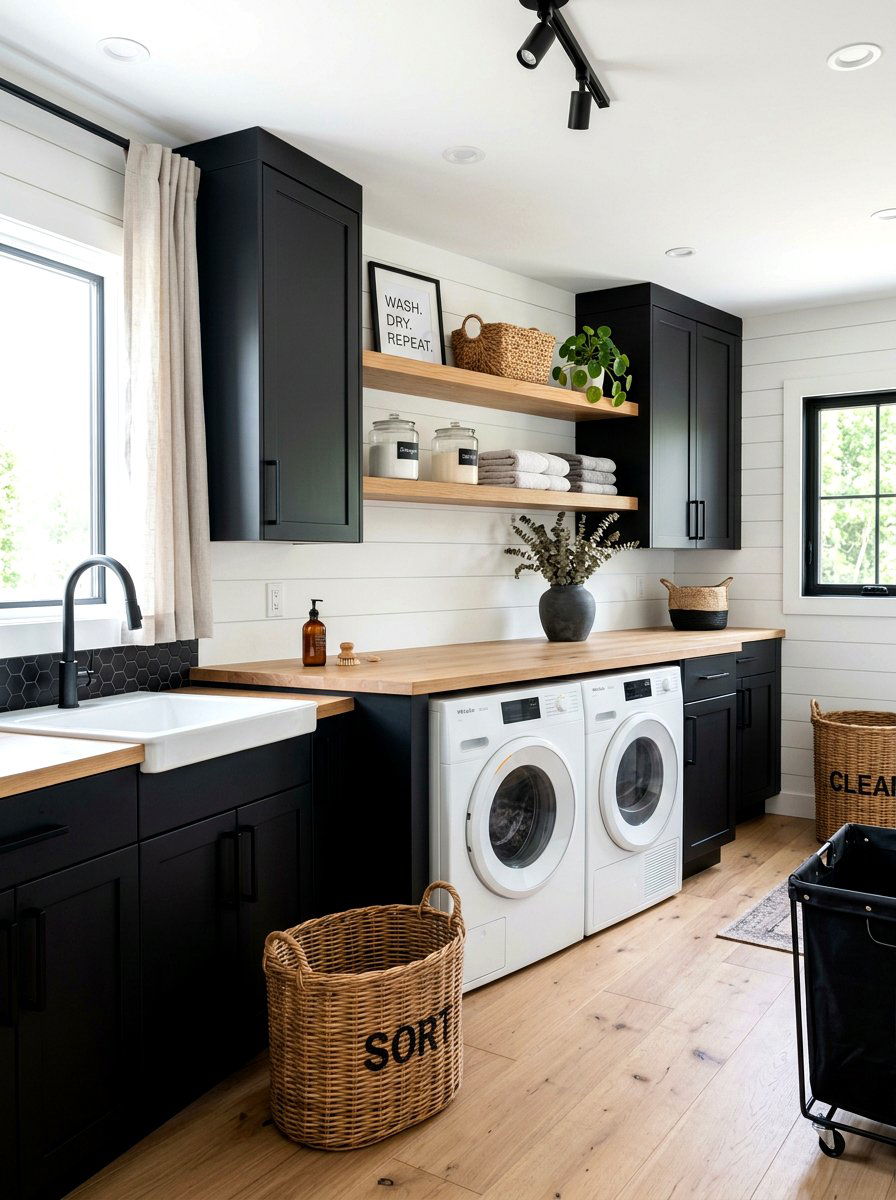 Laundry Room Black Cabinets Wood Countertop - 30 black and wood decor ideas