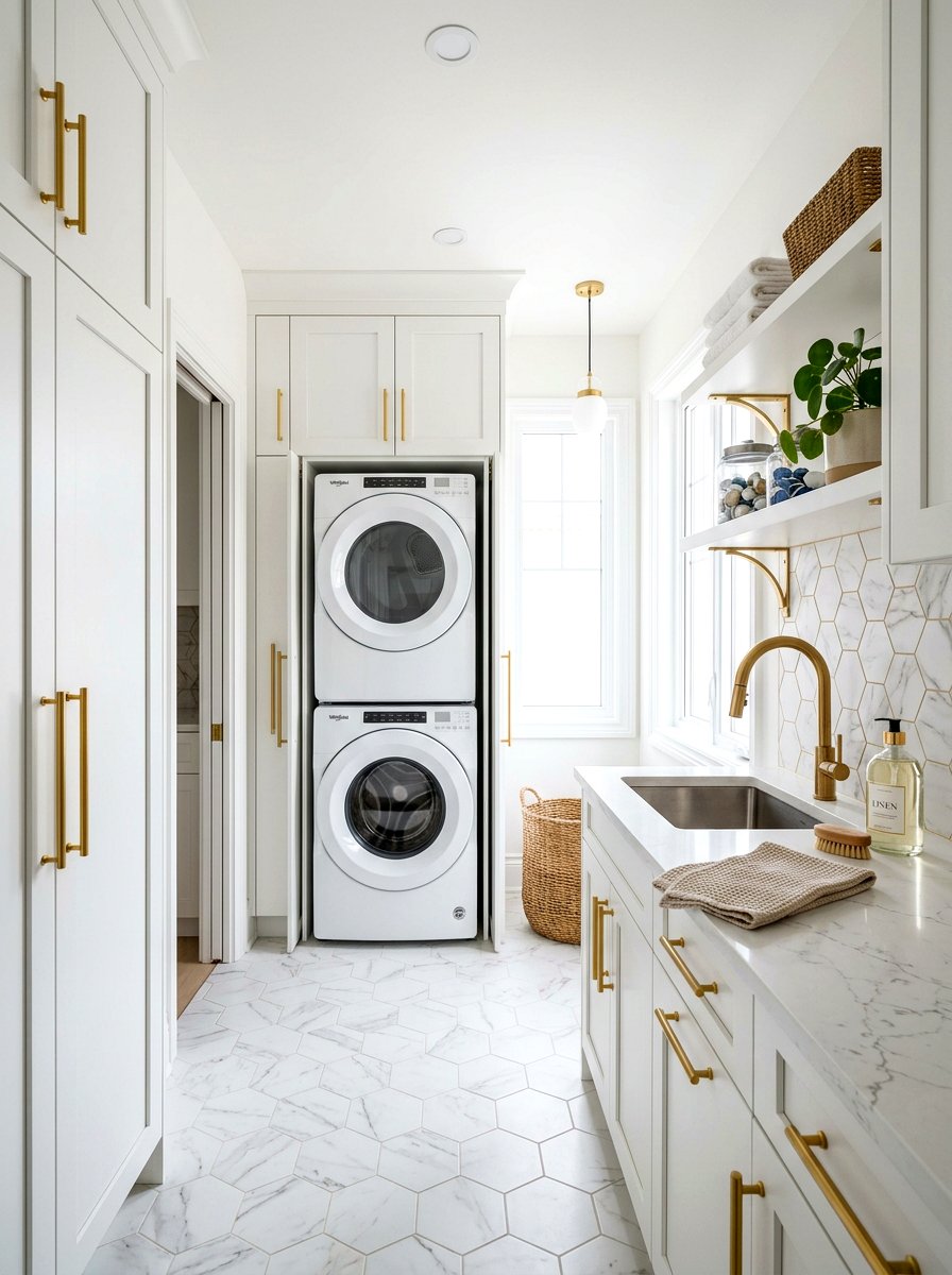 Laundry Room Gold Hardware - 30 stacked washer dryer ideas