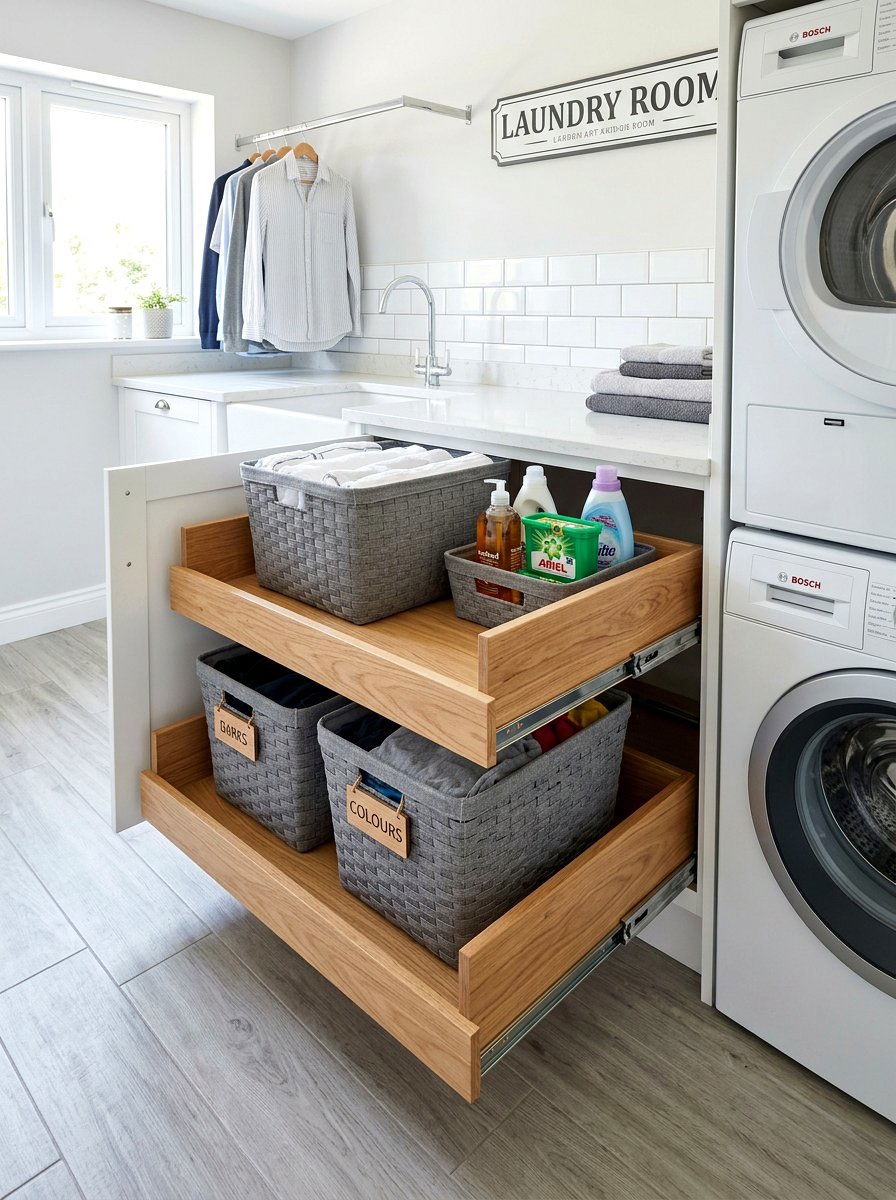 Laundry cabinet pull out shelves - 30 organizing a laundry closet ideas