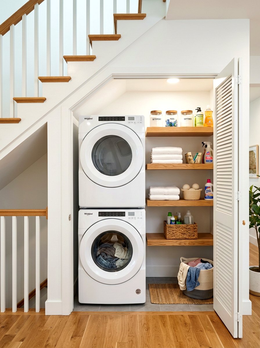 Laundry closet under stairs - 30 stair nook decor ideas
