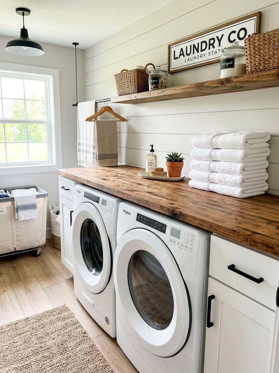 Laundry folding station countertop - 30 organizing a laundry closet ideas