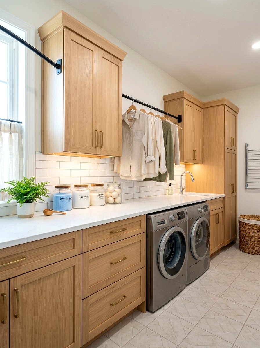 Laundry rod under cabinet - 30 laundry room hanging rod ideas