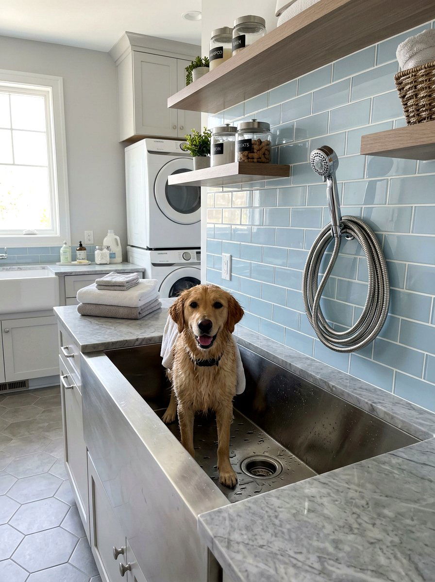 Laundry room dog wash with handheld sprayer - 30 pet washing station laundry ideas