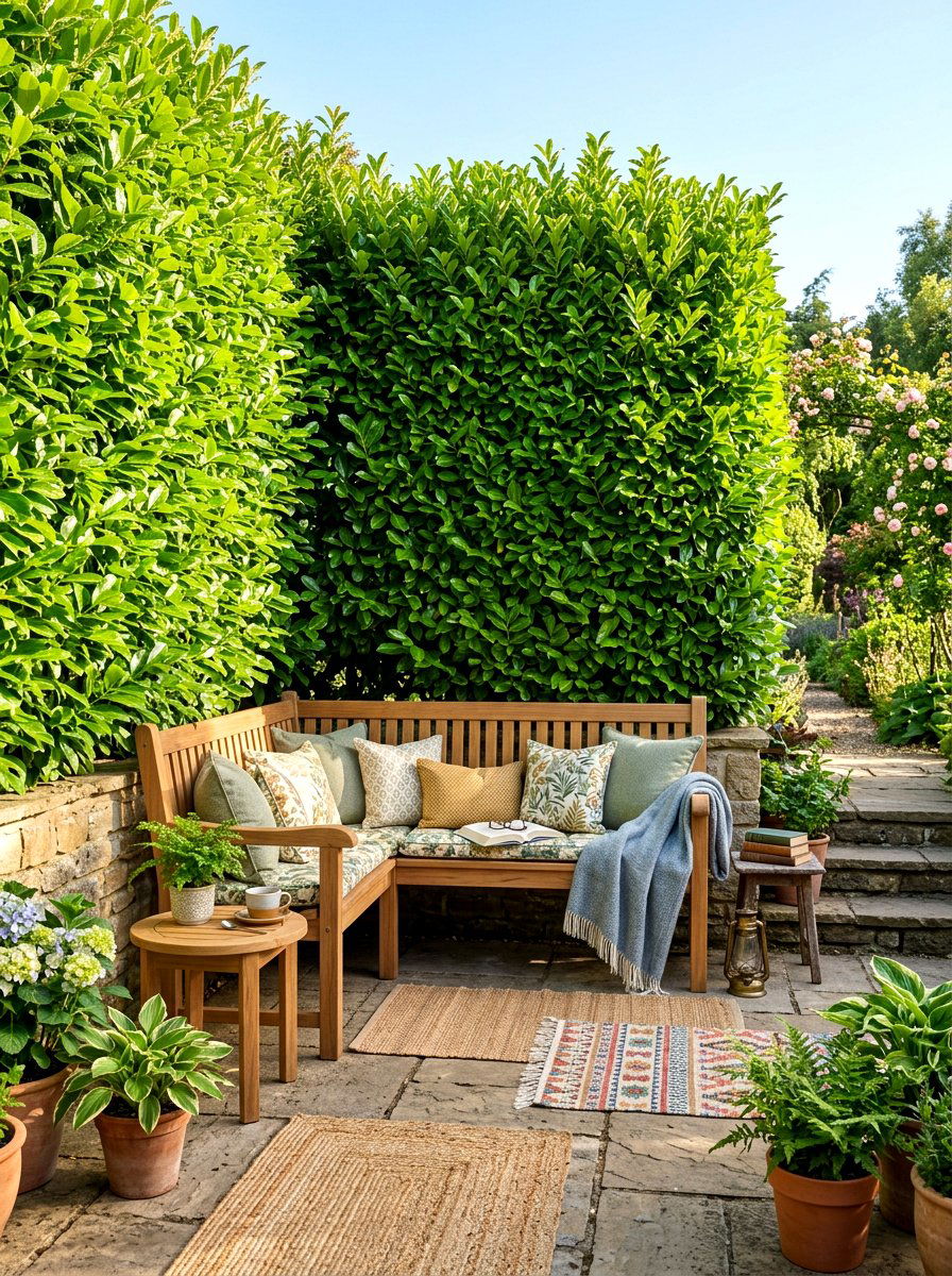 Laurel Hedge With Bench - 30 hedge wall patio ideas