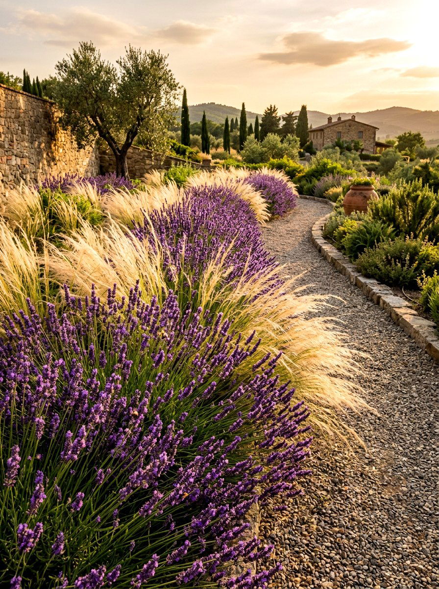 Lavender And Ornamental Grass Border - 30 front porch flower bed ideas