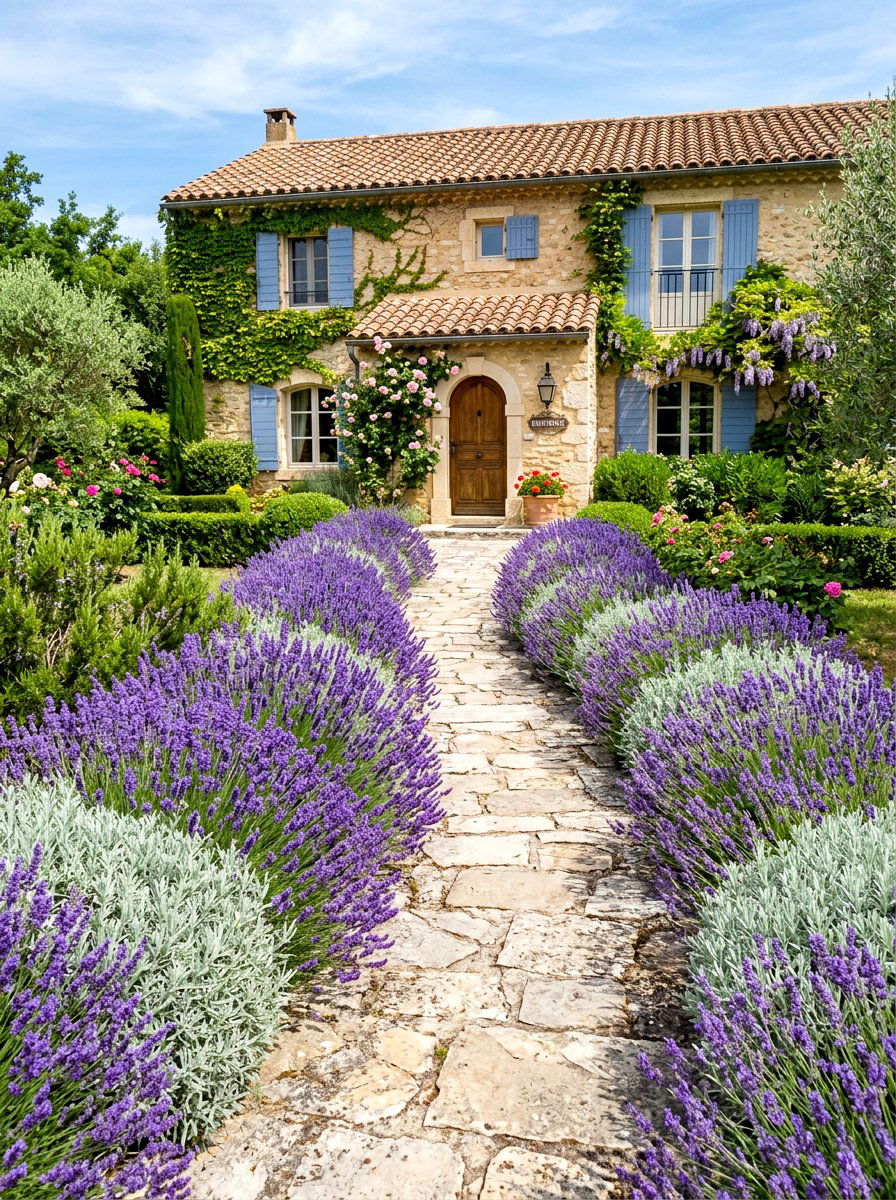 Lavender Border - 30 house entrance landscaping ideas