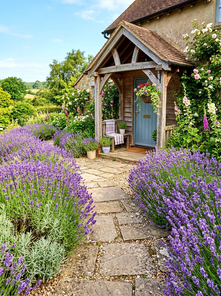Lavender Border Entrance - 30 English cottage front porch ideas