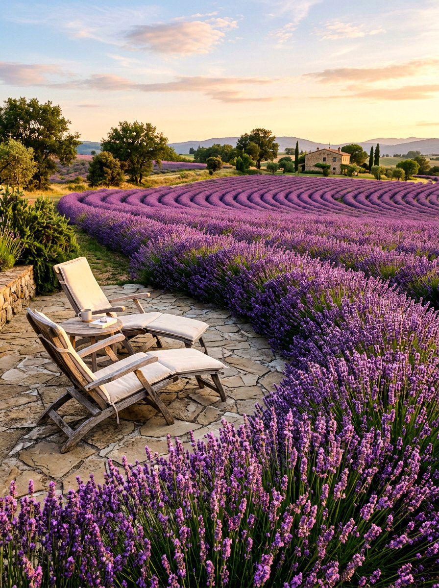 Lavender Field Border - 30 Mediterranean patio lounge ideas
