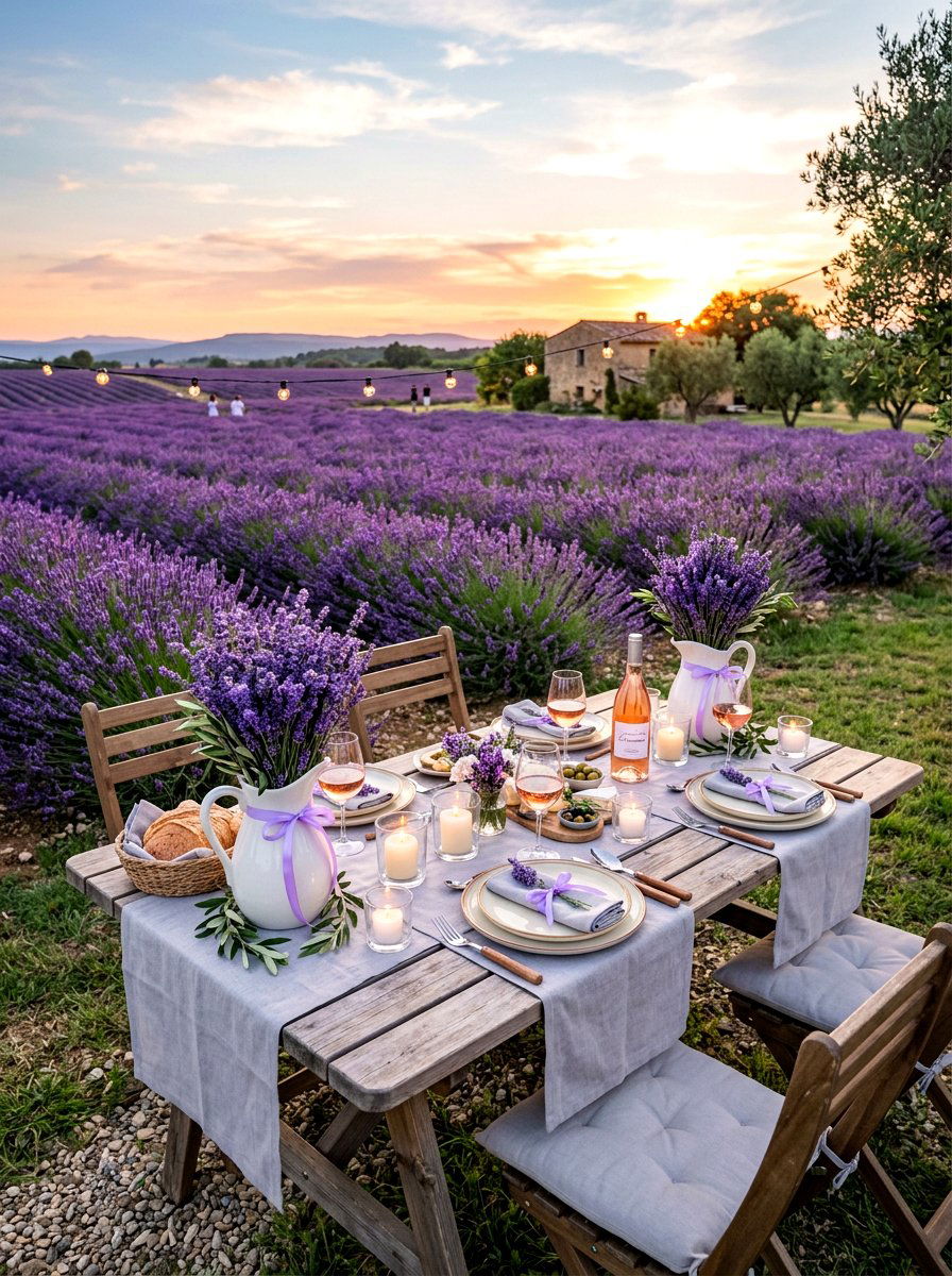 Lavender Field Picnic Table - 30 outdoor picnic table decor ideas