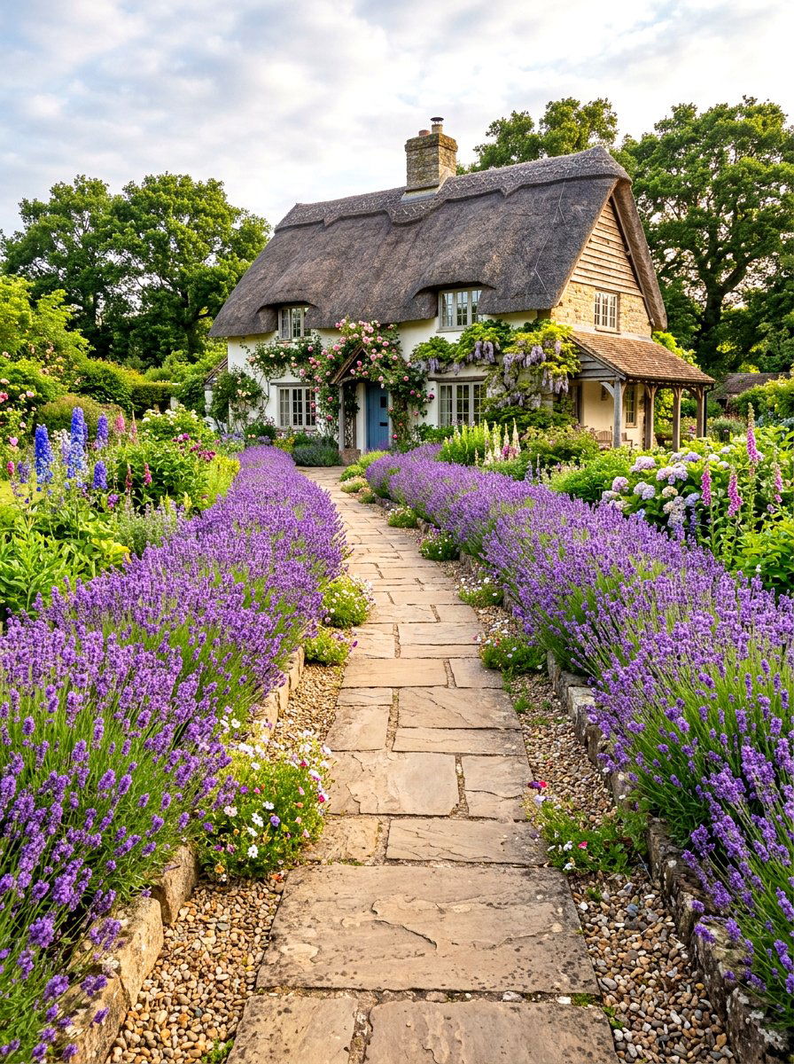 Lavender Garden Walkway - 30 low water front yard ideas