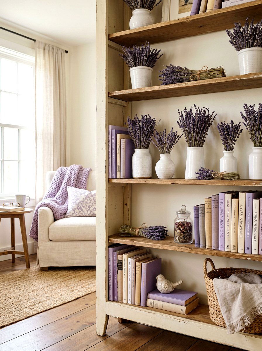 Lavender Sprig Bookshelf - 30 spring shelf styling ideas aesthetic