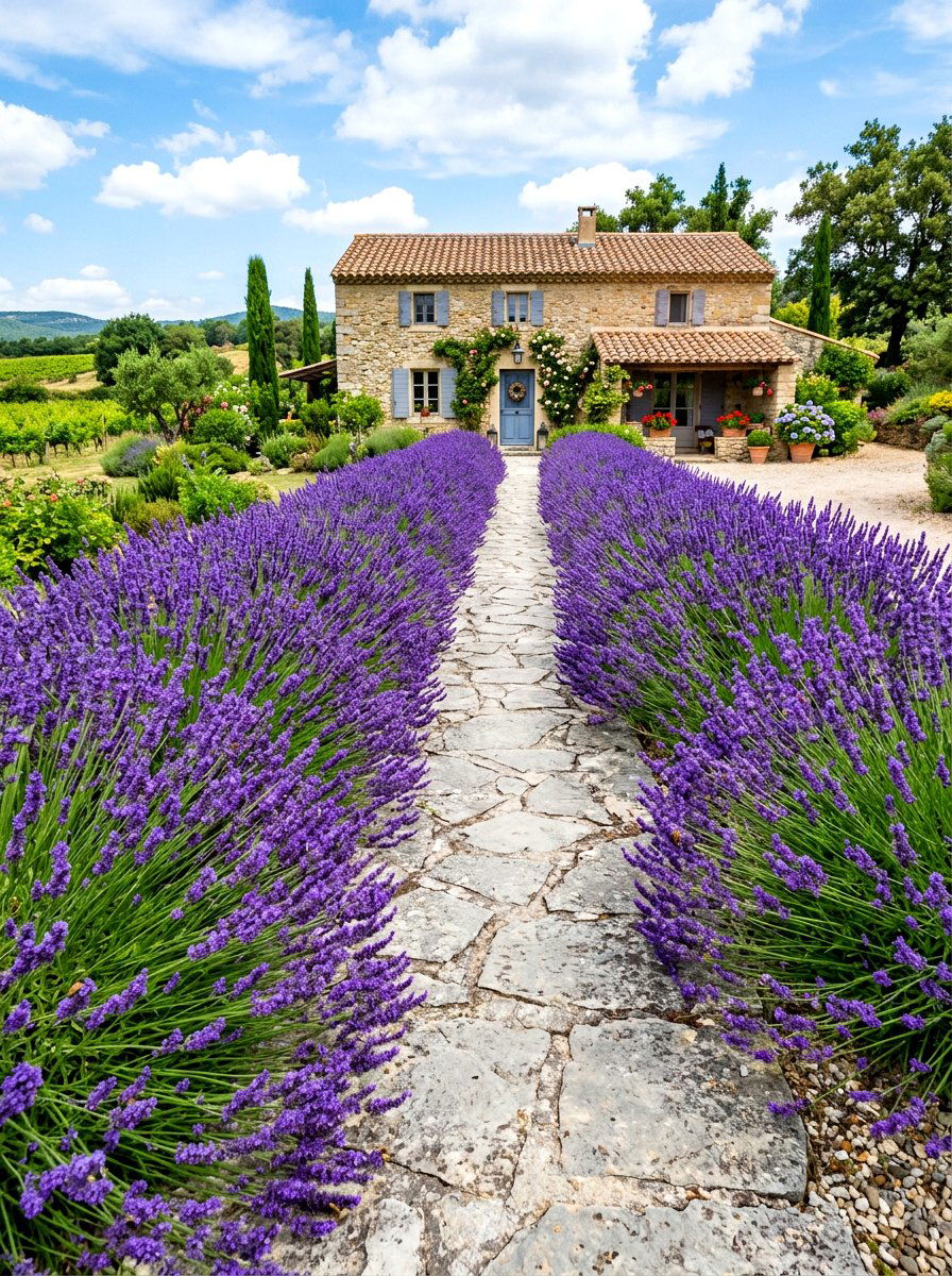Lavender Walkway - 30 front yard flower bed ideas