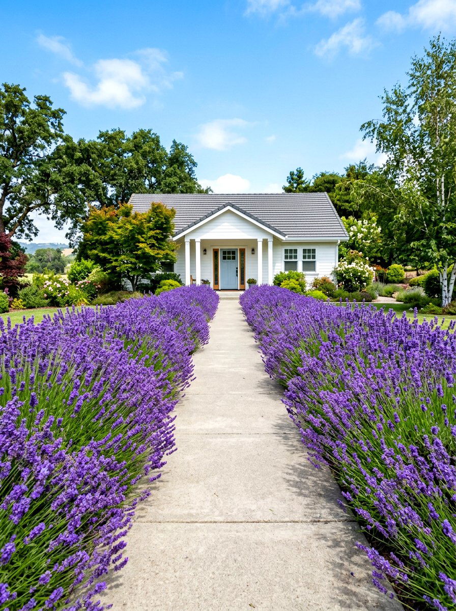 Lavender Walkway Bungalow Border - 30 bungalow front yard ideas