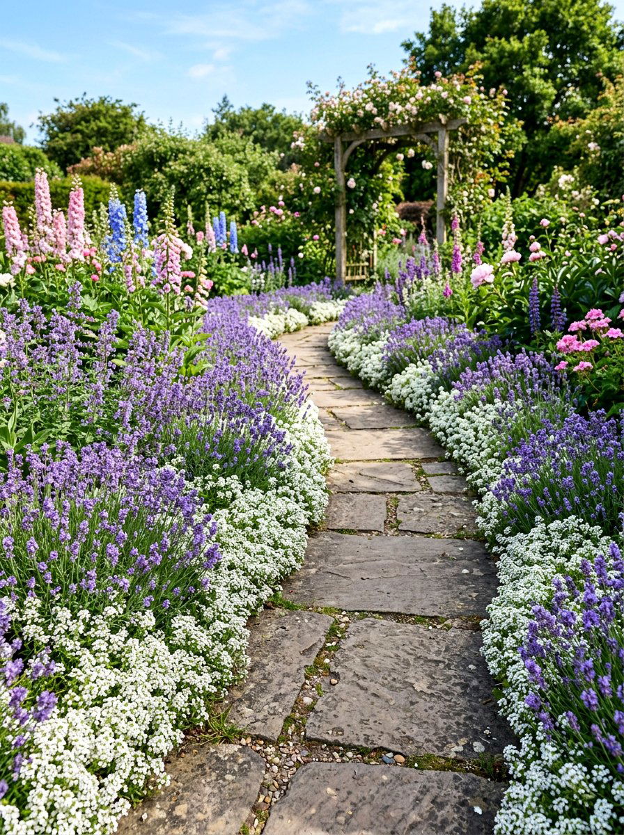 Lavender White Alyssum Border - 30 pastel flower bed ideas