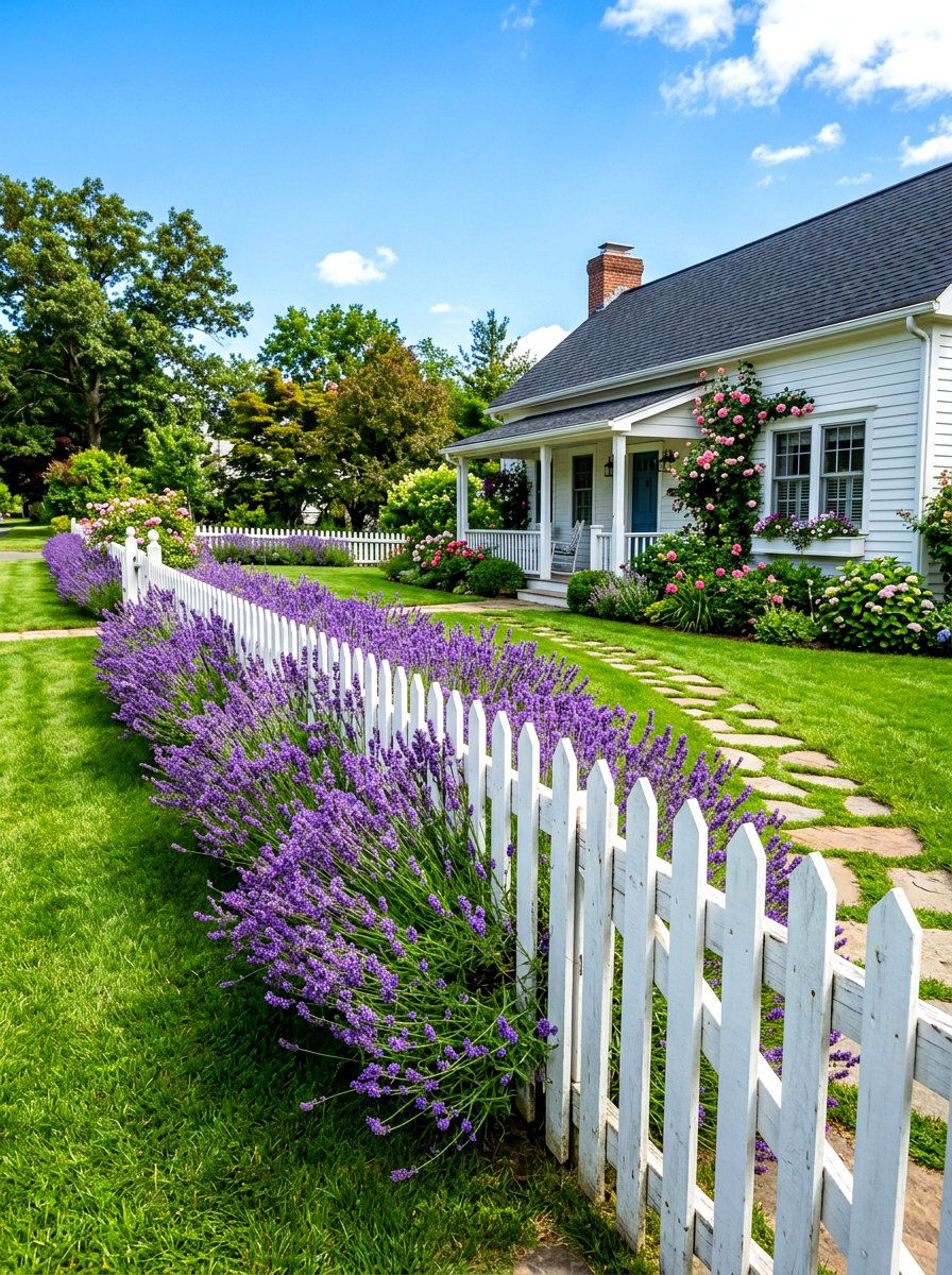 Lavender along white picket fence - 30 lavender garden ideas