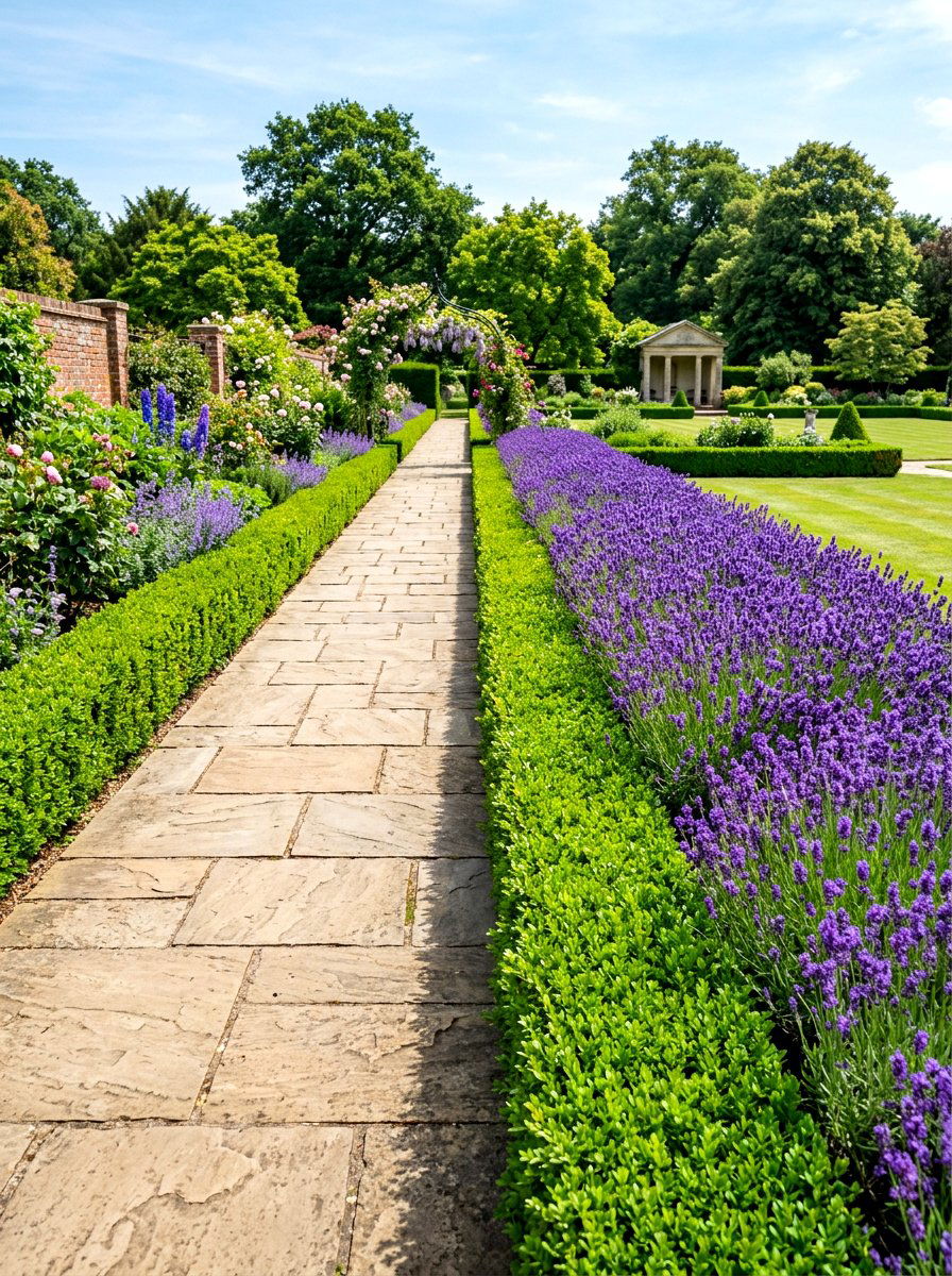 Lavender and Boxwood Path - 30 lavender walkway ideas
