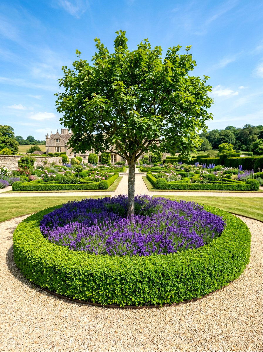 Lavender and boxwood formal ring - 30 flower bed around tree ideas