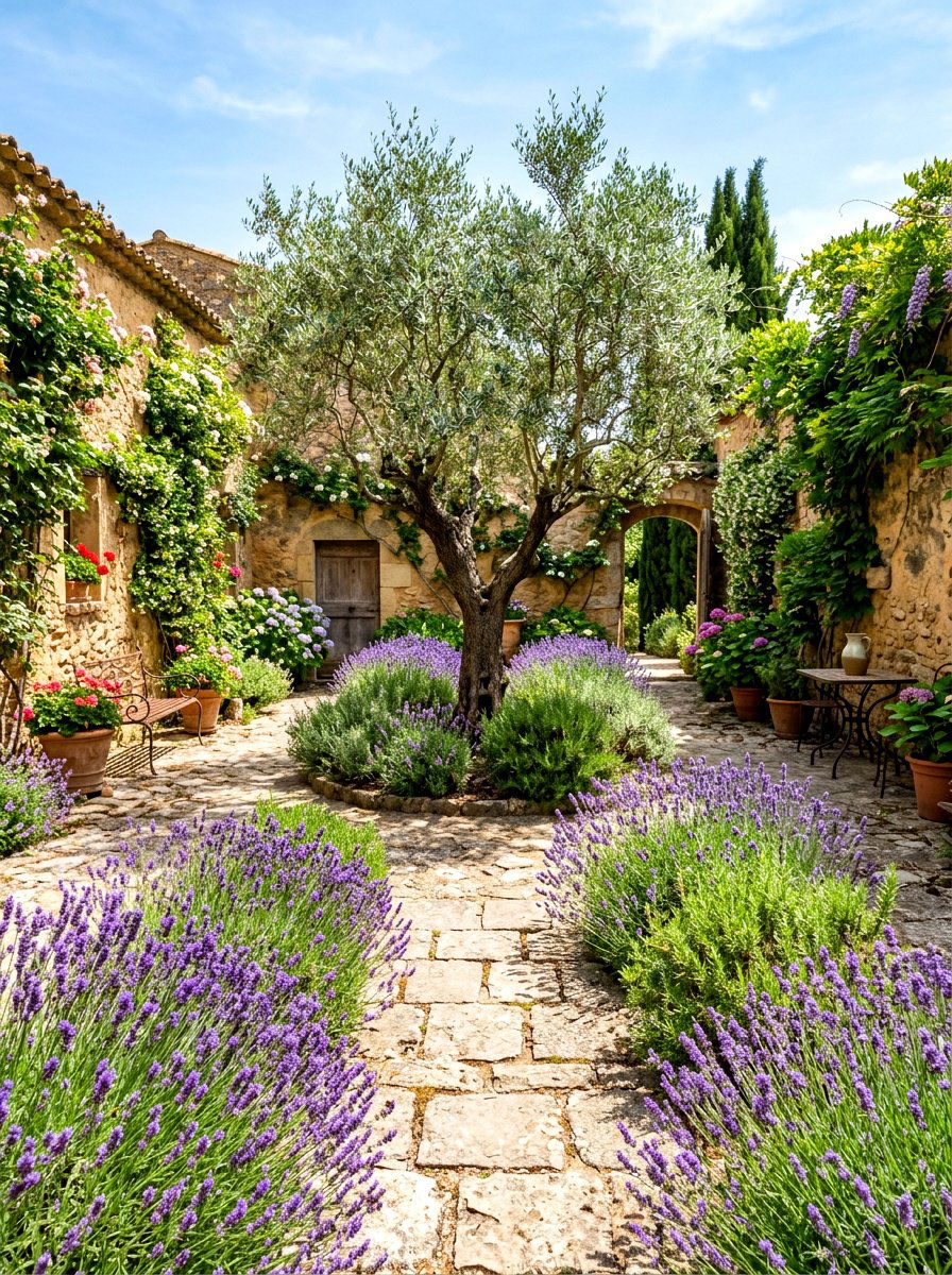 Lavender and olive tree courtyard - 30 lavender garden ideas