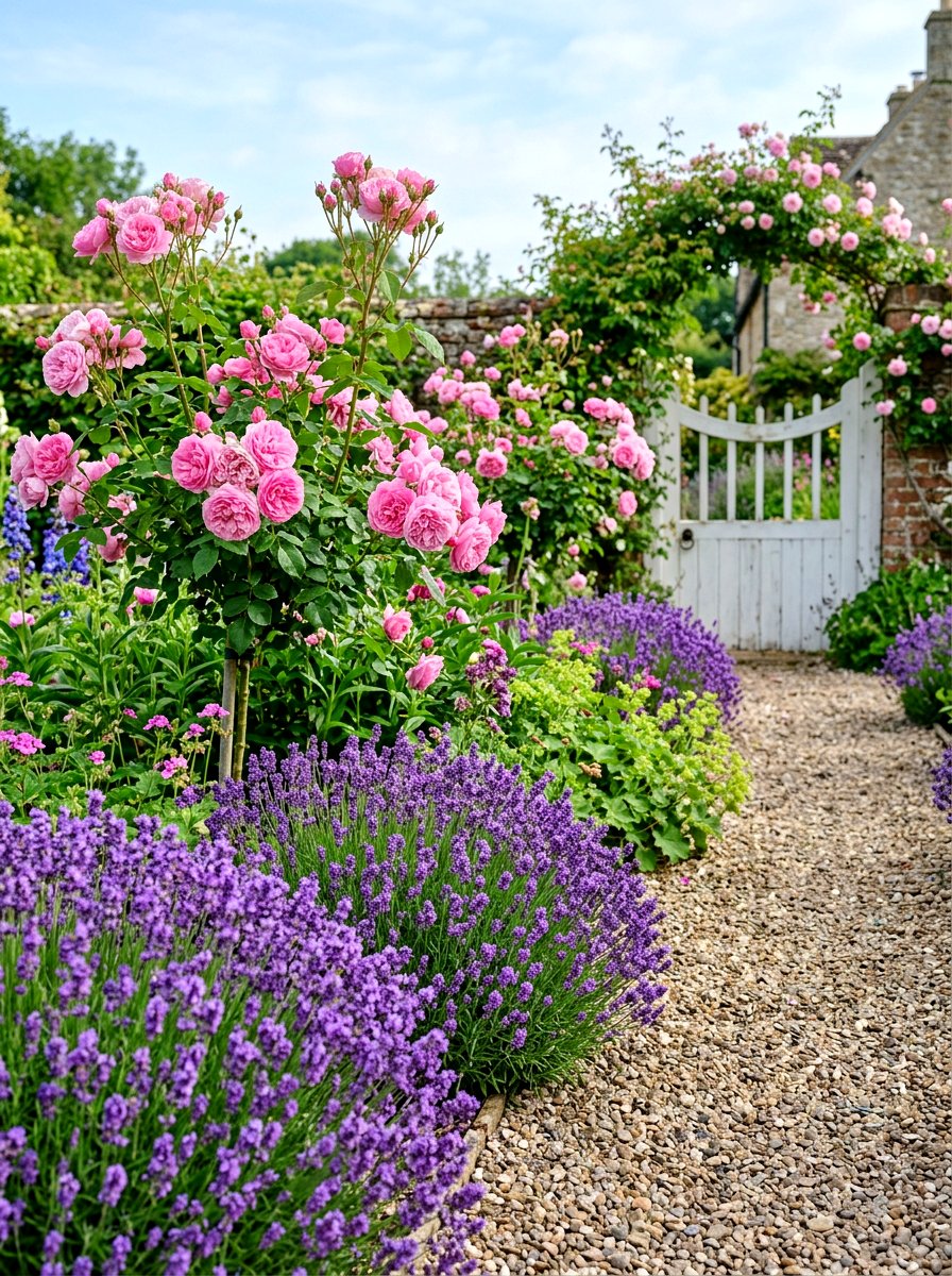 Lavender and rose flower bed - 30 lavender border ideas