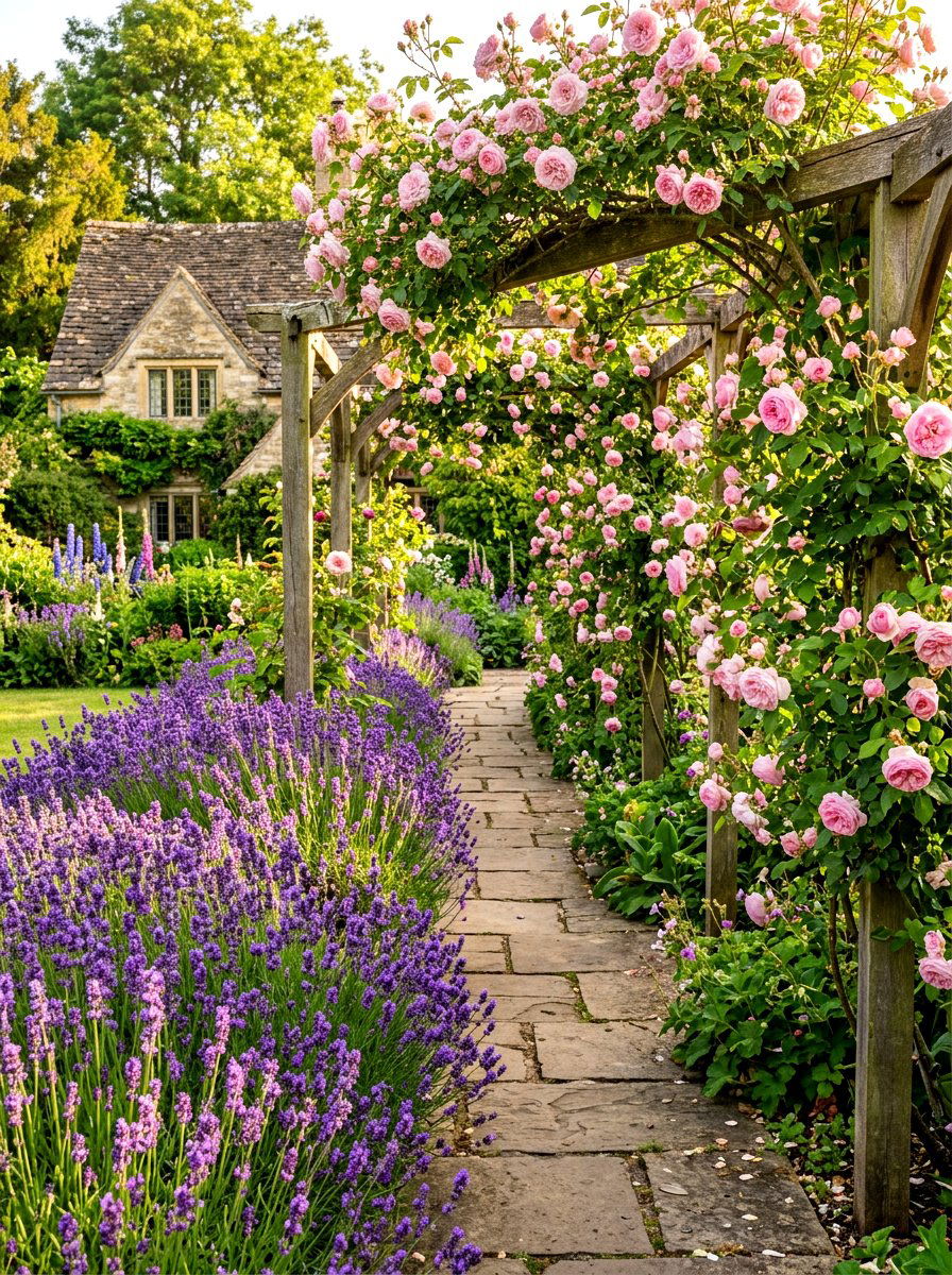 Lavender and rose mix - 30 front path flower bed ideas
