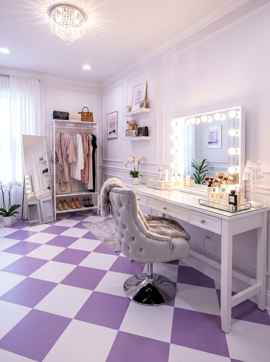 Lavender and white vinyl floor - 30 peel and stick checkerboard floor ideas