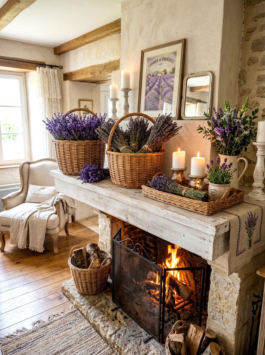 Lavender and wicker basket mantel - 30 spring mantel decor ideas