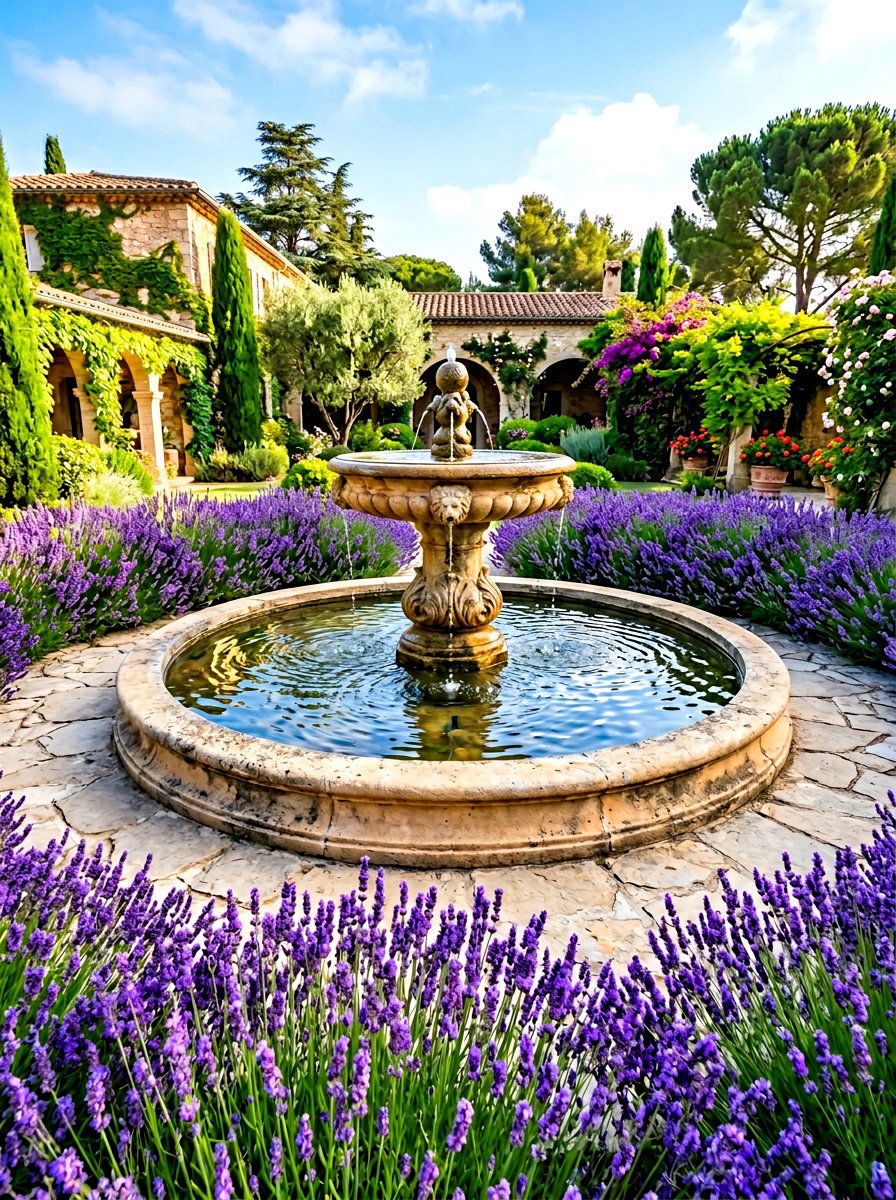 Lavender around circular fountain - 30 lavender garden ideas