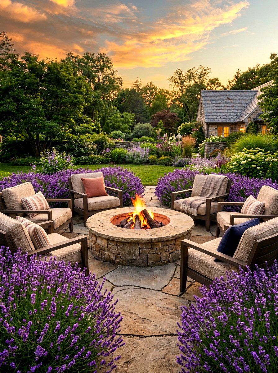 Lavender around seating area fire pit - 30 lavender garden ideas