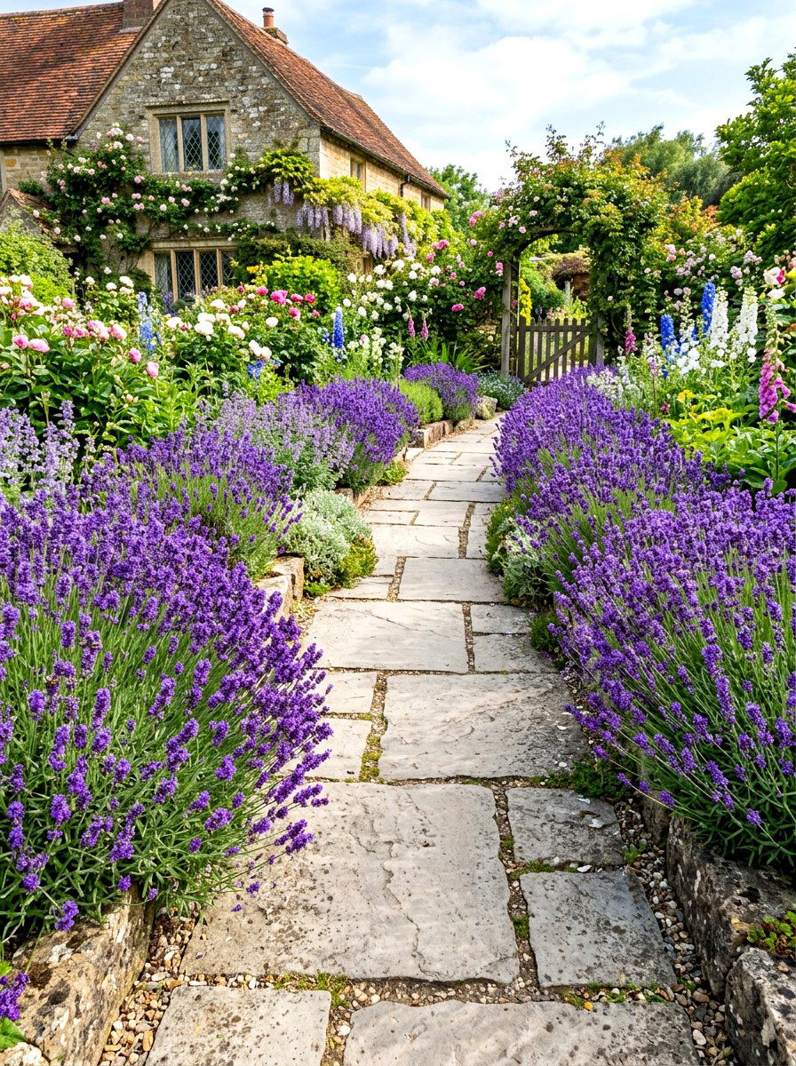 Lavender border along stone walkway - 30 lavender garden ideas