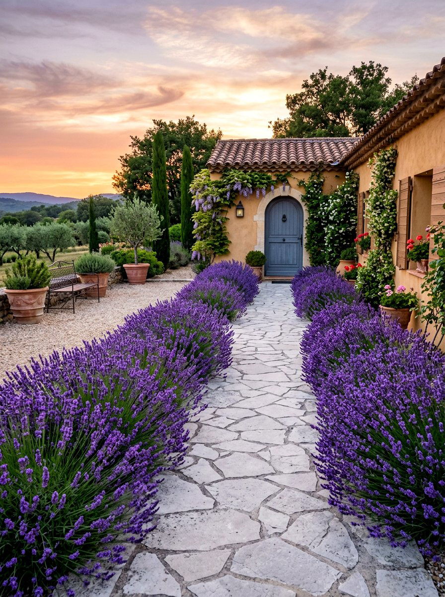 Lavender border courtyard - 30 Mediterranean front courtyard ideas