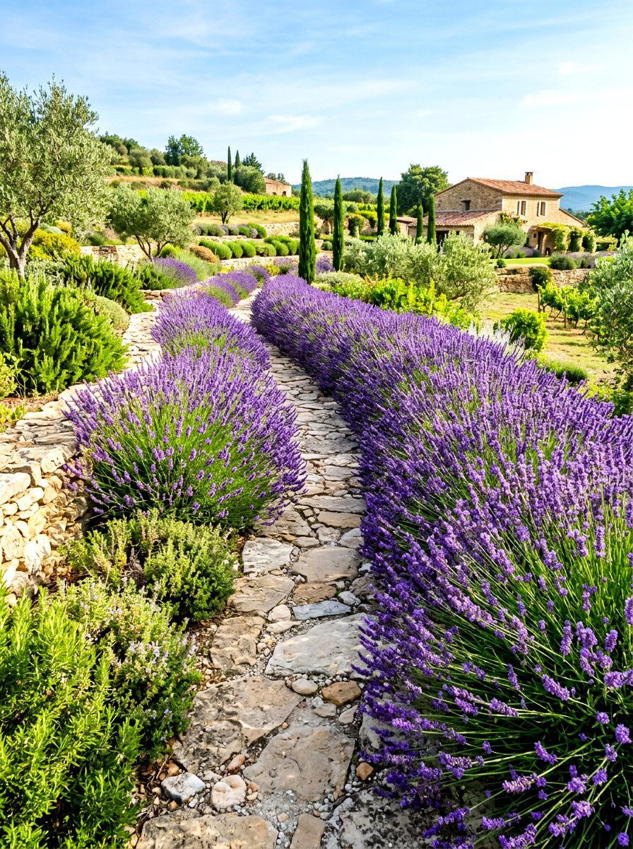 Lavender border landscape - 30 purple flower garden ideas